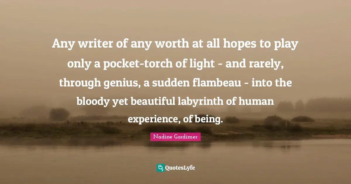 Any writer of any worth at all hopes to play only a pocket-torch of light - and rarely, through genius, a sudden flambeau - into the bloody yet beautiful labyrinth of human experience, of being.