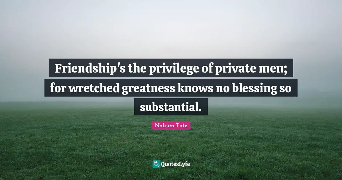 Friendship's the privilege of private men; for wretched greatness knows no blessing so substantial.