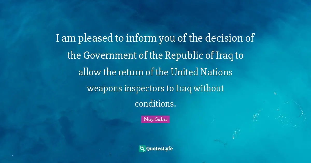 I am pleased to inform you of the decision of the Government of the Republic of Iraq to allow the return of the United Nations weapons inspectors to Iraq without conditions.