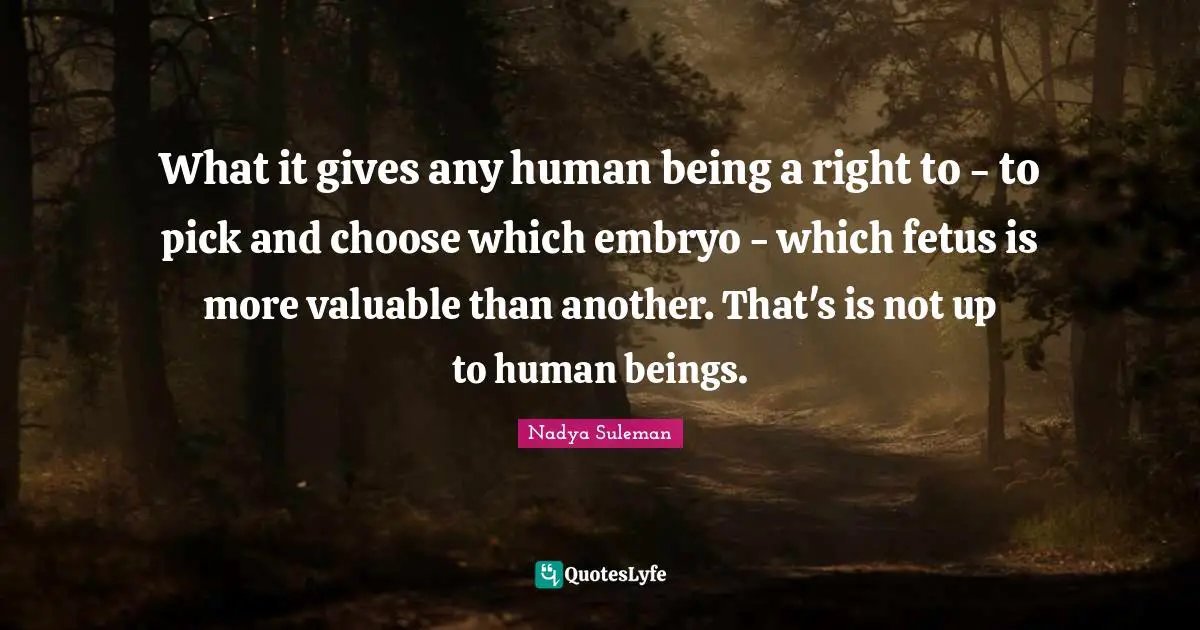 What it gives any human being a right to - to pick and choose which embryo - which fetus is more valuable than another. That's is not up to human beings.