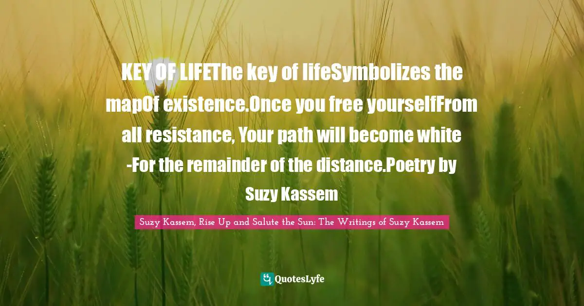 KEY OF LIFEThe key of lifeSymbolizes the mapOf existence.Once you free yourselfFrom all resistance, Your path will become white -For the remainder of the distance.Poetry by Suzy Kassem