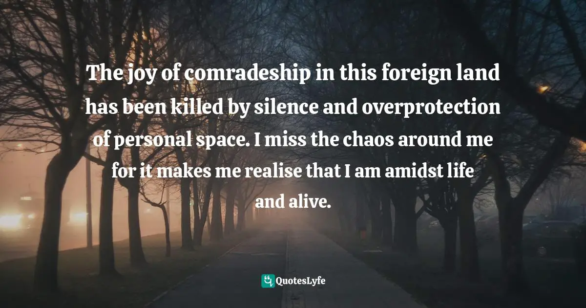 The joy of comradeship in this foreign land has been killed by silence and overprotection of personal space. I miss the chaos around me for it makes me realise that I am amidst life and alive.