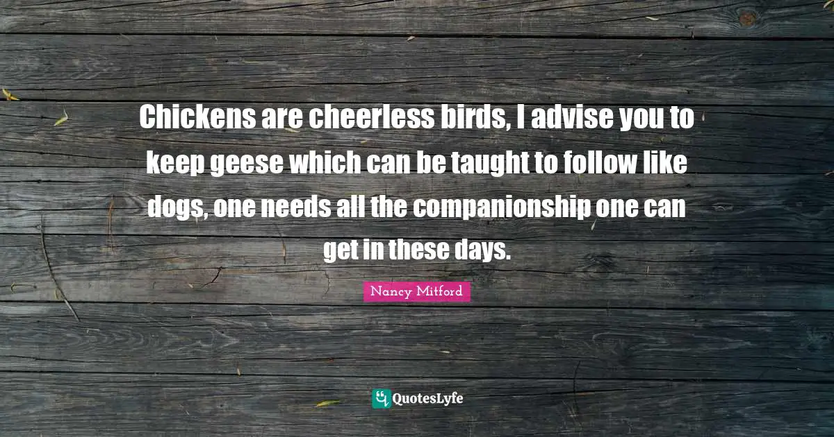Geese Quotes: "Chickens are cheerless birds, I advise you to keep geese which can be taught to follow like dogs, one needs all the companionship one can get in these days."