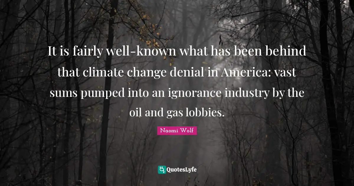 It is fairly well-known what has been behind that climate change denial in America: vast sums pumped into an ignorance industry by the oil and gas lobbies.