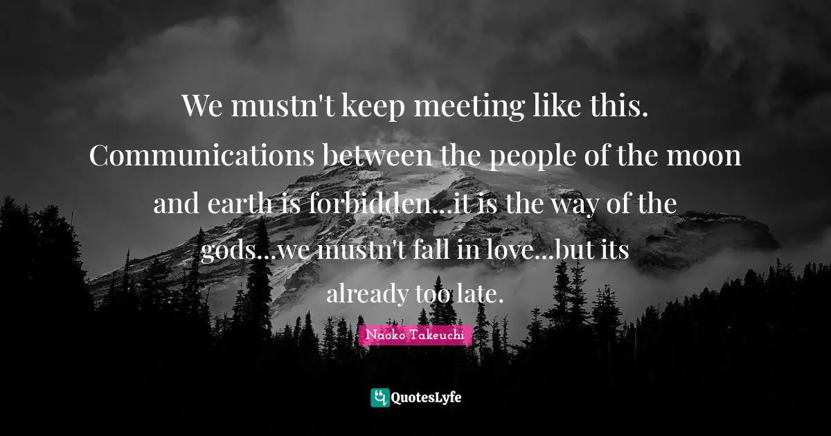 We mustn't keep meeting like this. Communications between the people of the moon and earth is forbidden...it is the way of the gods...we mustn't fall in love...but its already too late.