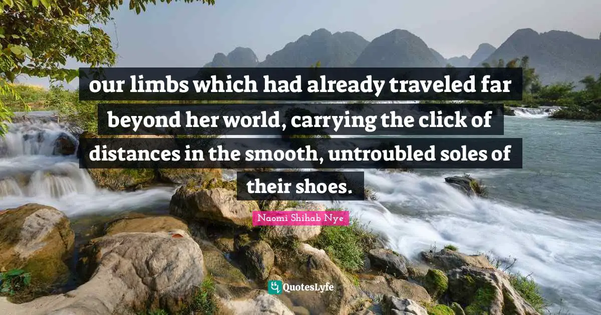 our limbs which had already traveled far beyond her world, carrying the click of distances in the smooth, untroubled soles of their shoes.