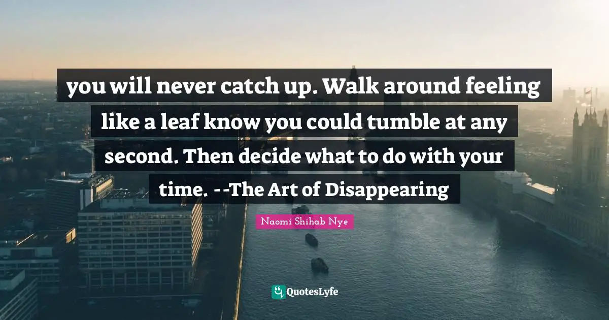 you will never catch up. Walk around feeling like a leaf know you could tumble at any second. Then decide what to do with your time. --The Art of Disappearing