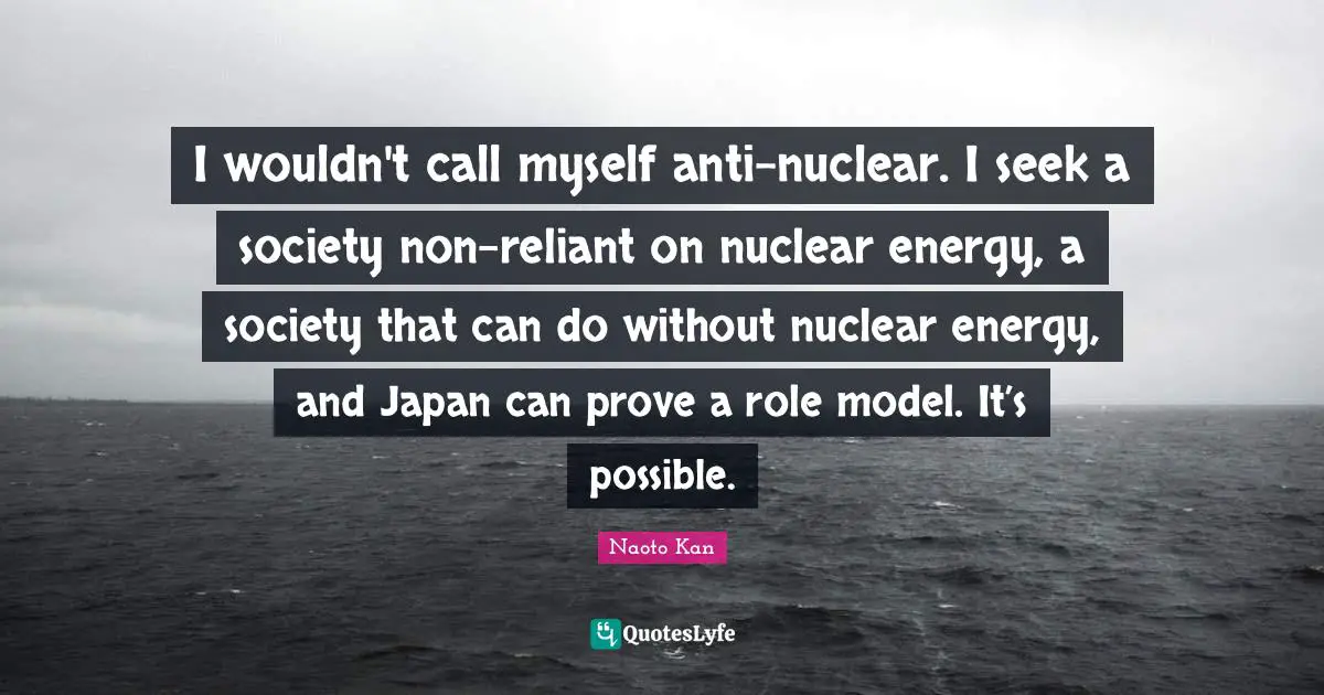 I wouldn't call myself anti-nuclear. I seek a society non-reliant on nuclear energy, a society that can do without nuclear energy, and Japan can prove a role model. It’s possible.
