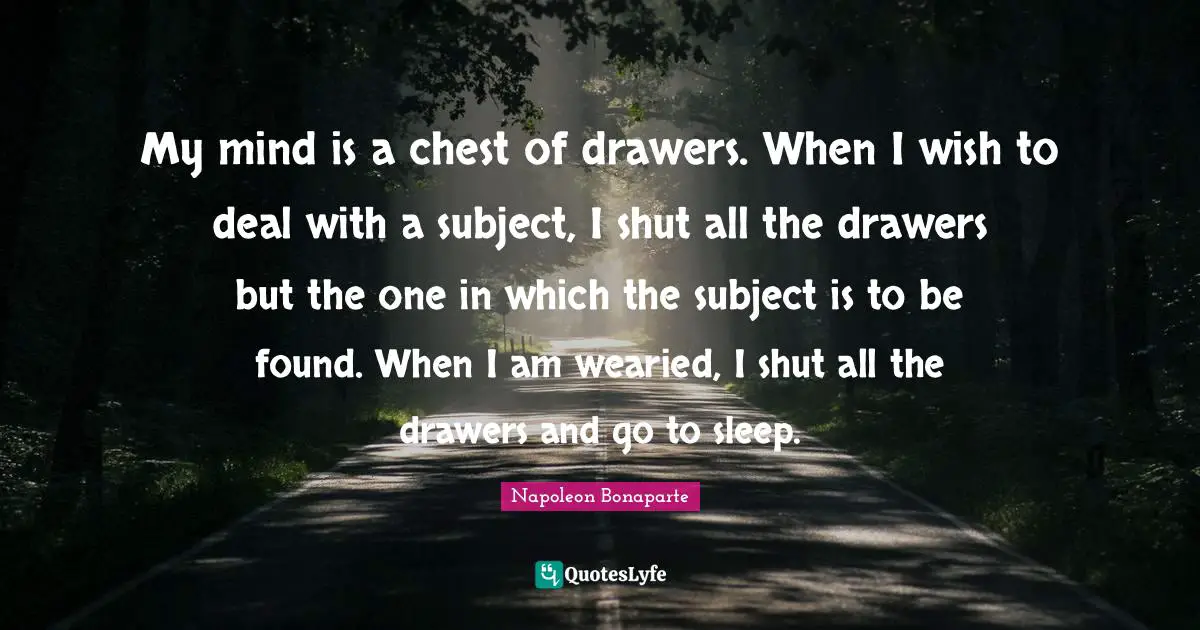 My mind is a chest of drawers. When I wish to deal with a subject, I shut all the drawers but the one in which the subject is to be found. When I am wearied, I shut all the drawers and go to sleep.