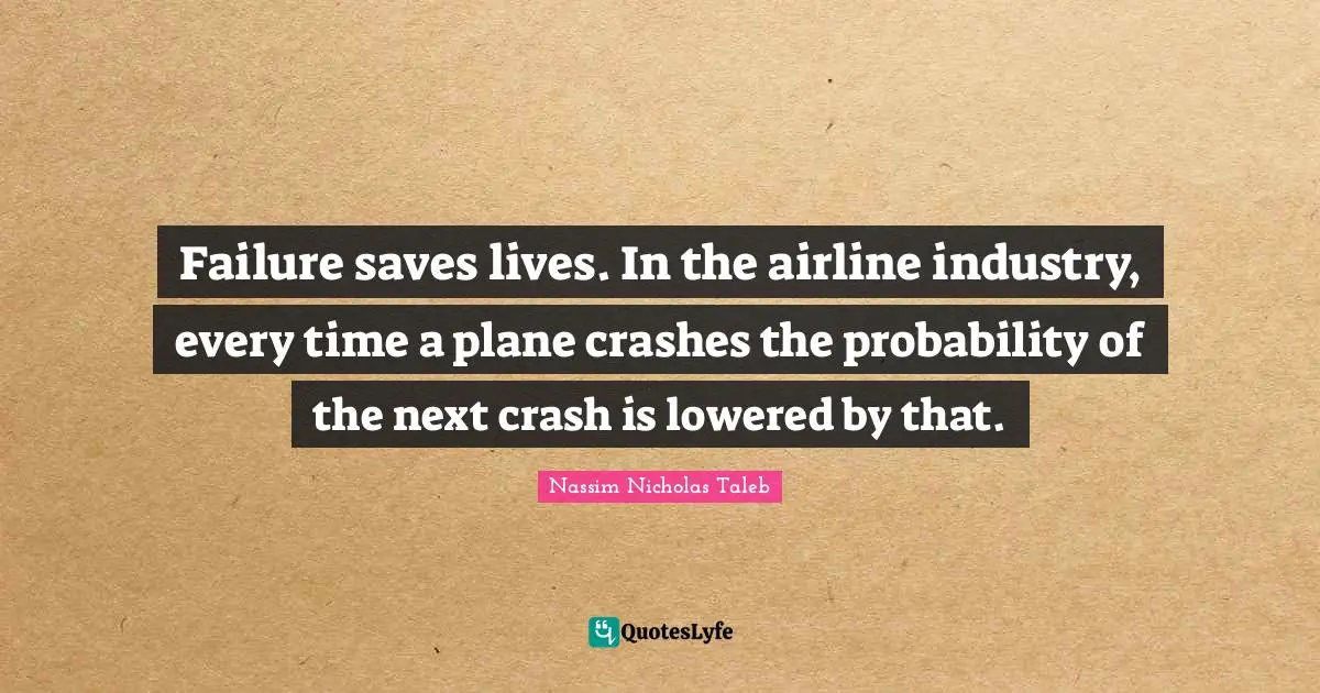 Failure saves lives. In the airline industry, every time a plane crashes the probability of the next crash is lowered by that.