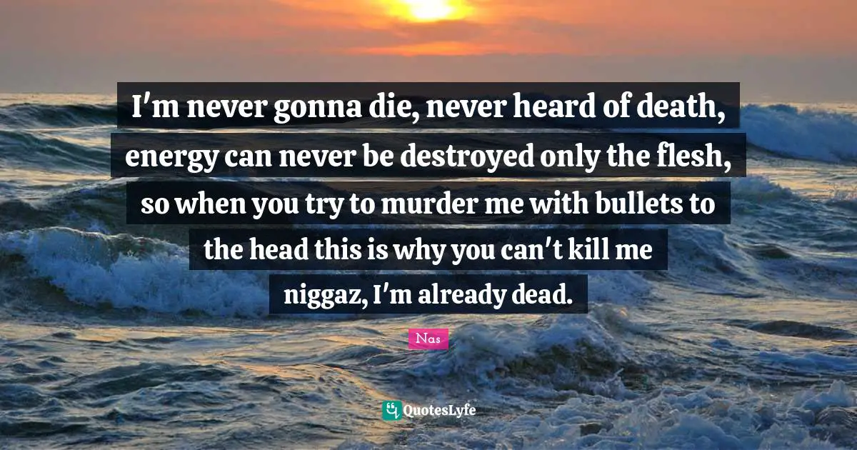 I'm never gonna die, never heard of death, energy can never be destroyed only the flesh, so when you try to murder me with bullets to the head this is why you can't kill me niggaz, I'm already dead.