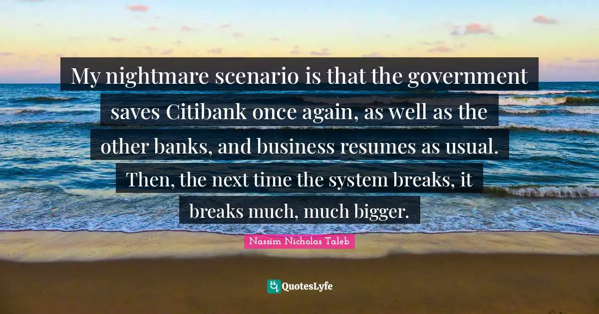 My nightmare scenario is that the government saves Citibank once again, as well as the other banks, and business resumes as usual. Then, the next time the system breaks, it breaks much, much bigger.