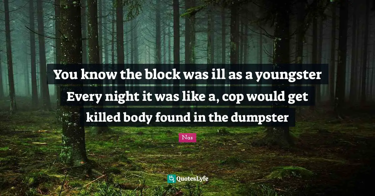You know the block was ill as a youngster Every night it was like a, cop would get killed body found in the dumpster