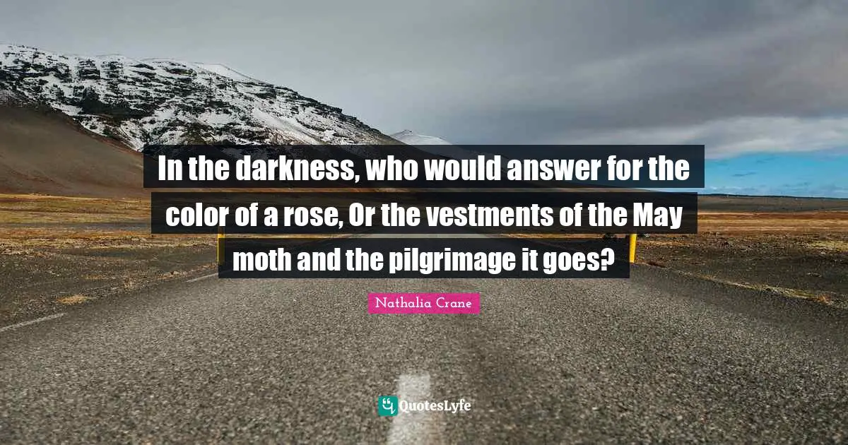 Nathalia Crane Quotes: "In the darkness, who would answer for the color of a rose, Or the vestments of the May moth and the pilgrimage it goes?"