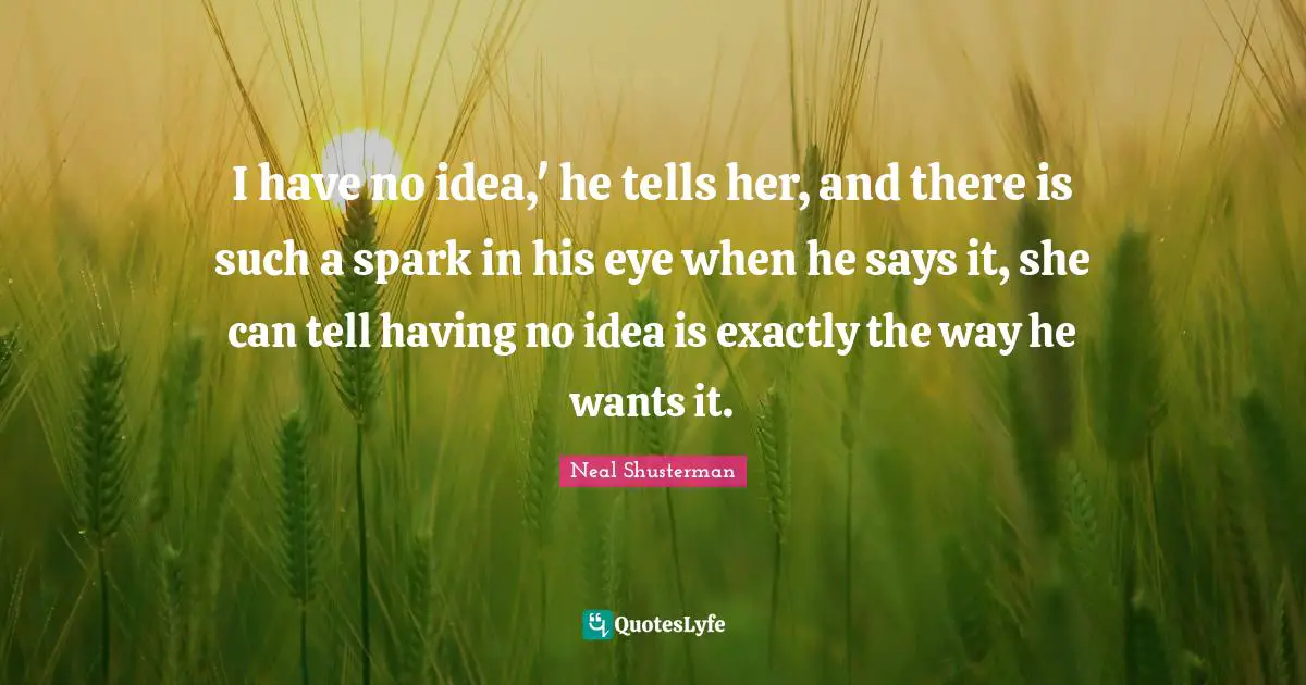 I have no idea,' he tells her, and there is such a spark in his eye when he says it, she can tell having no idea is exactly the way he wants it.