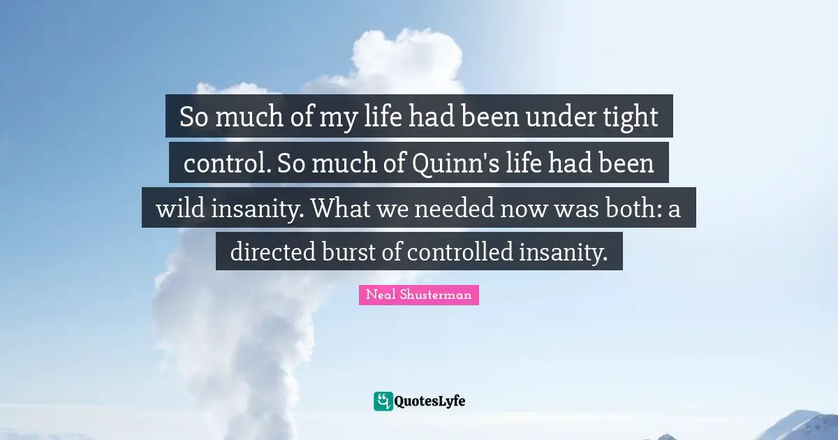 So much of my life had been under tight control. So much of Quinn's life had been wild insanity. What we needed now was both: a directed burst of controlled insanity.