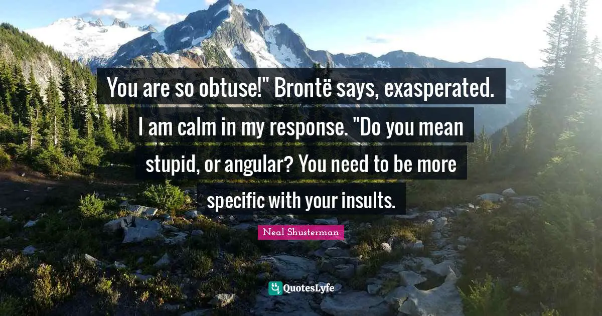 You are so obtuse!" Brontë says, exasperated. I am calm in my response. "Do you mean stupid, or angular? You need to be more specific with your insults.