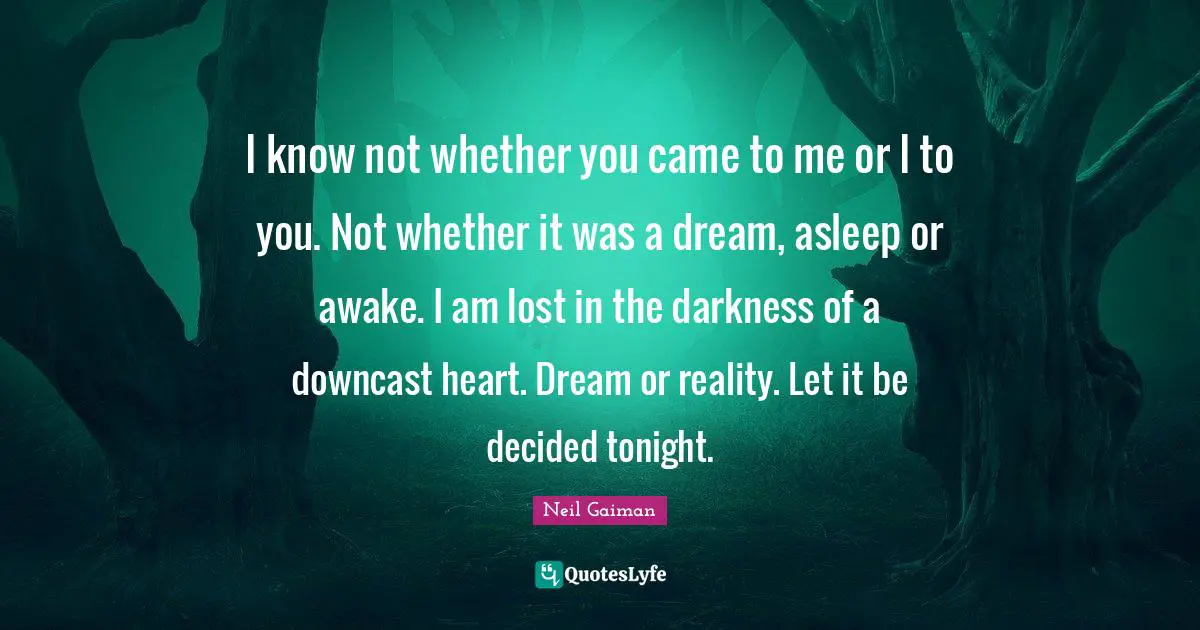 I know not whether you came to me or I to you. Not whether it was a dream, asleep or awake. I am lost in the darkness of a downcast heart. Dream or reality. Let it be decided tonight.