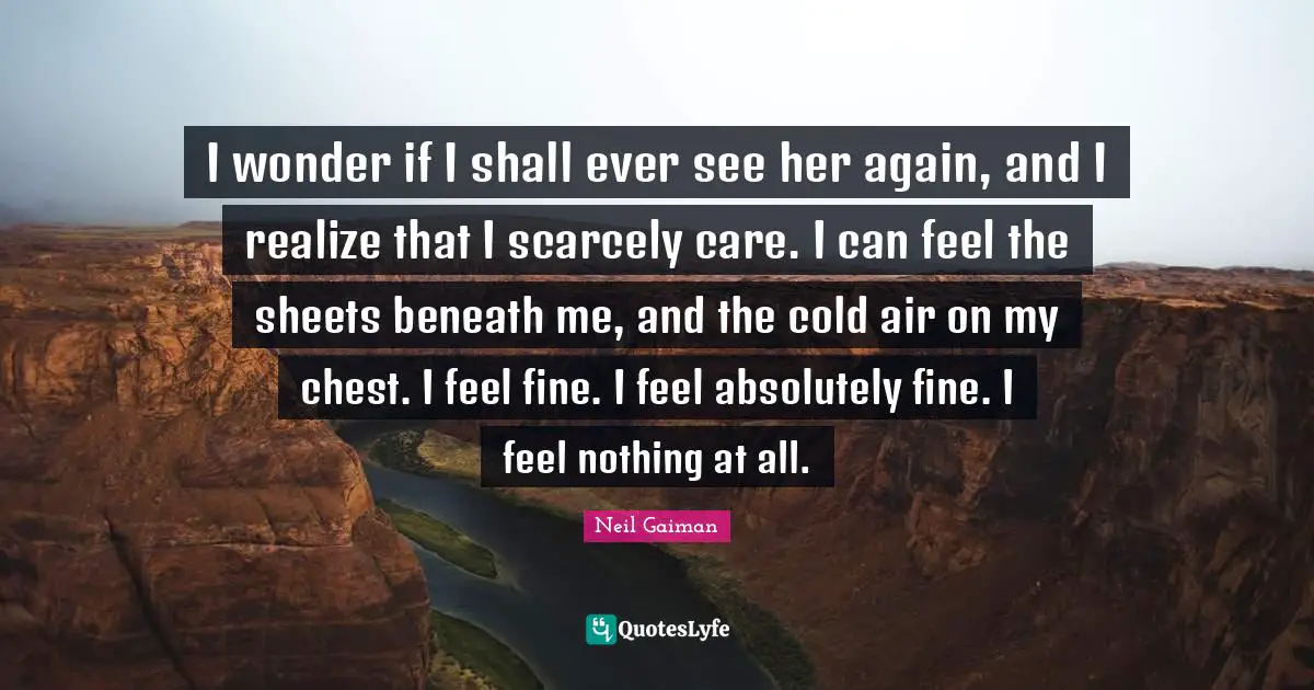 I wonder if I shall ever see her again, and I realize that I scarcely care. I can feel the sheets beneath me, and the cold air on my chest. I feel fine. I feel absolutely fine. I feel nothing at all.