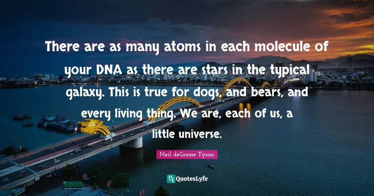 There are as many atoms in each molecule of your DNA as there are stars in the typical galaxy. This is true for dogs, and bears, and every living thing. We are, each of us, a little universe.