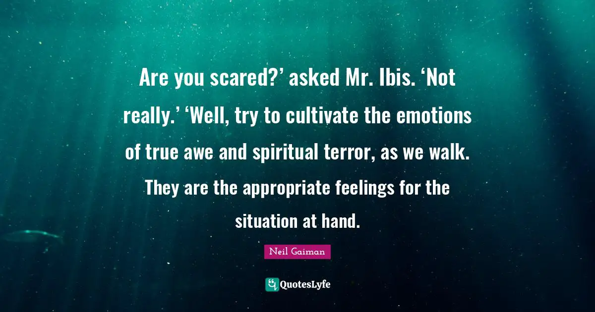 Are you scared?’ asked Mr. Ibis. ‘Not really.’ ‘Well, try to cultivate the emotions of true awe and spiritual terror, as we walk. They are the appropriate feelings for the situation at hand.