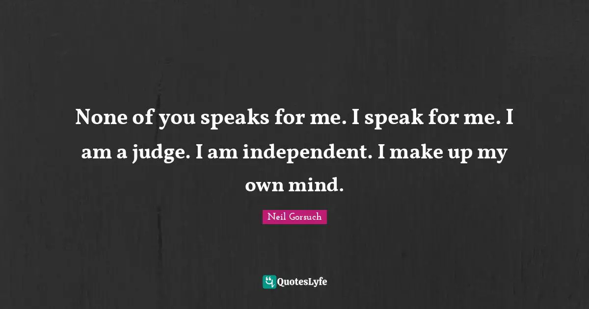 None of you speaks for me. I speak for me. I am a judge. I am independent. I make up my own mind.