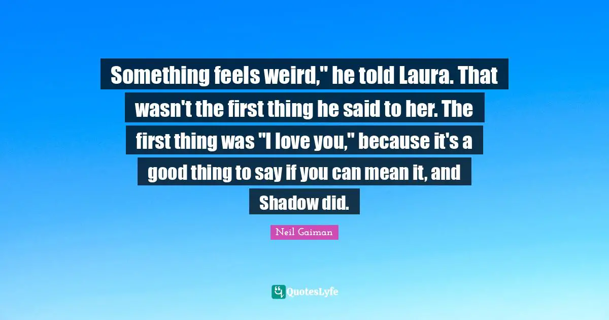Mean Love Quotes: "Something feels weird," he told Laura. That wasn't the first thing he said to her. The first thing was "I love you," because it's a good thing to say if you can mean it, and Shadow did."