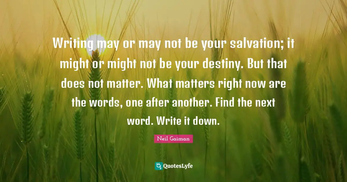 Writing may or may not be your salvation; it might or might not be your destiny. But that does not matter. What matters right now are the words, one after another. Find the next word. Write it down.
