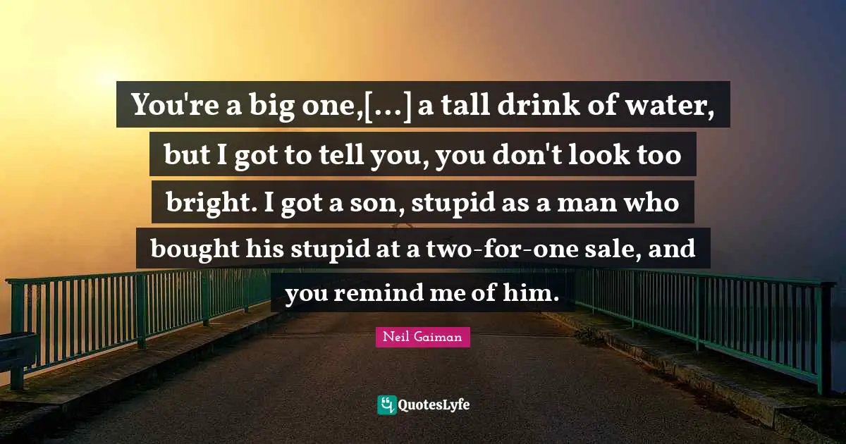 You're a big one,[...] a tall drink of water, but I got to tell you, you don't look too bright. I got a son, stupid as a man who bought his stupid at a two-for-one sale, and you remind me of him.