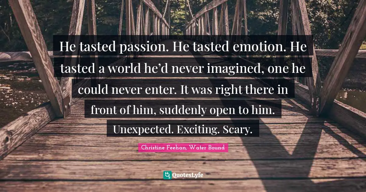 He tasted passion. He tasted emotion. He tasted a world he’d never imagined, one he could never enter. It was right there in front of him, suddenly open to him. Unexpected. Exciting. Scary.