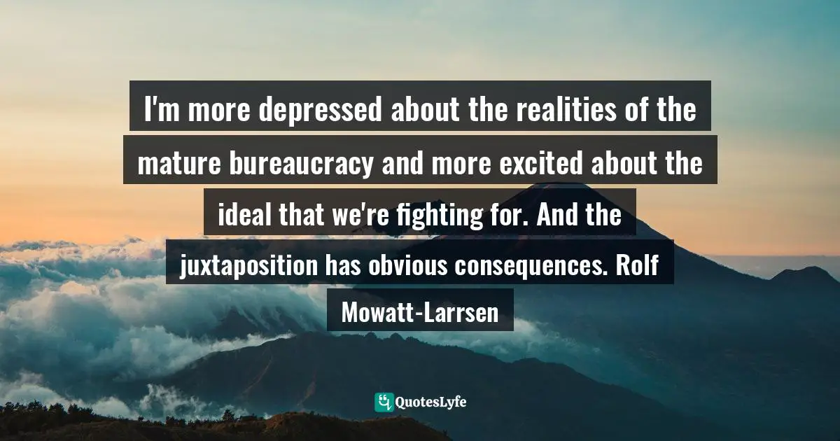 I'm more depressed about the realities of the mature bureaucracy and more excited about the ideal that we're fighting for. And the juxtaposition has obvious consequences. Rolf Mowatt-Larrsen