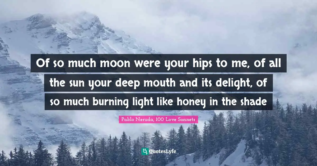 Of so much moon were your hips to me, of all the sun your deep mouth and its delight, of so much burning light like honey in the shade
