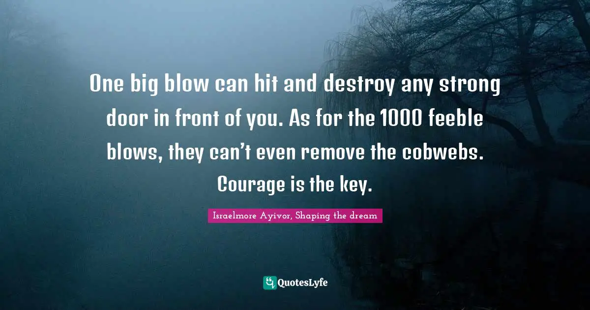 Israelmore Ayivor, Shaping the dream Quotes: One big blow can hit and destroy any strong door in front of you. As for the 1000 feeble blows, they can’t even remove the cobwebs. Courage is the key.