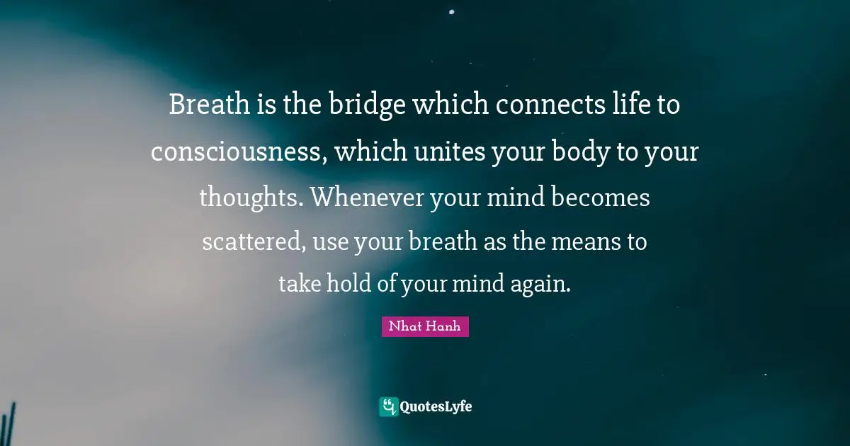 Breath is the bridge which connects life to consciousness, which unites your body to your thoughts. Whenever your mind becomes scattered, use your breath as the means to take hold of your mind again.