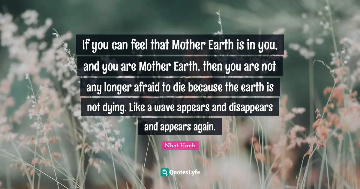 If you can feel that Mother Earth is in you, and you are Mother Earth, then you are not any longer afraid to die because the earth is not dying. Like a wave appears and disappears and appears again.