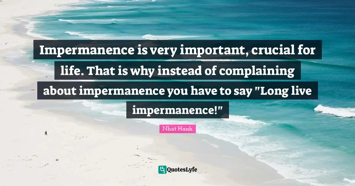 Impermanence Quotes: "Impermanence is very important, crucial for life. That is why instead of complaining about impermanence you have to say "Long live impermanence!""