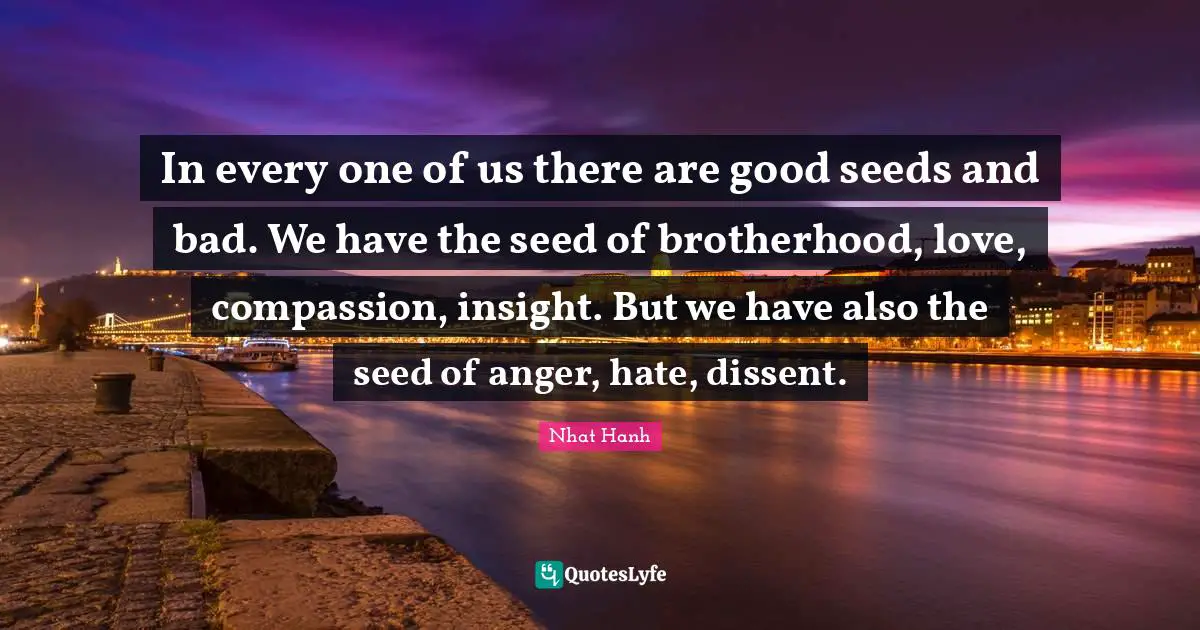 In every one of us there are good seeds and bad. We have the seed of brotherhood, love, compassion, insight. But we have also the seed of anger, hate, dissent.