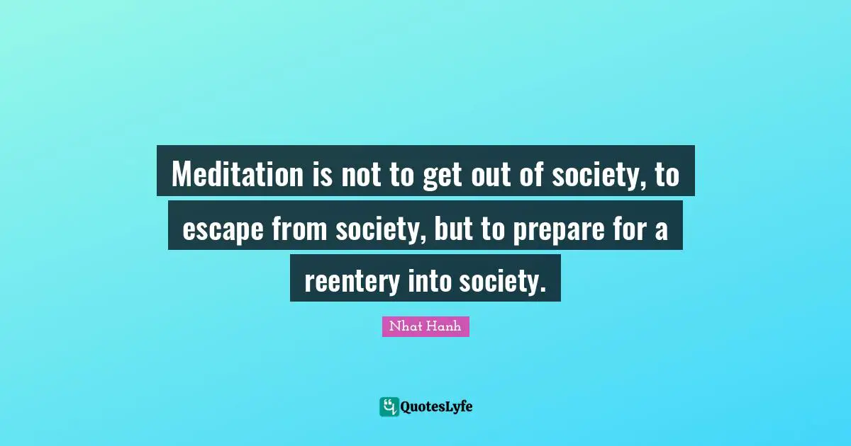 Meditation is not to get out of society, to escape from society, but to prepare for a reentery into society.