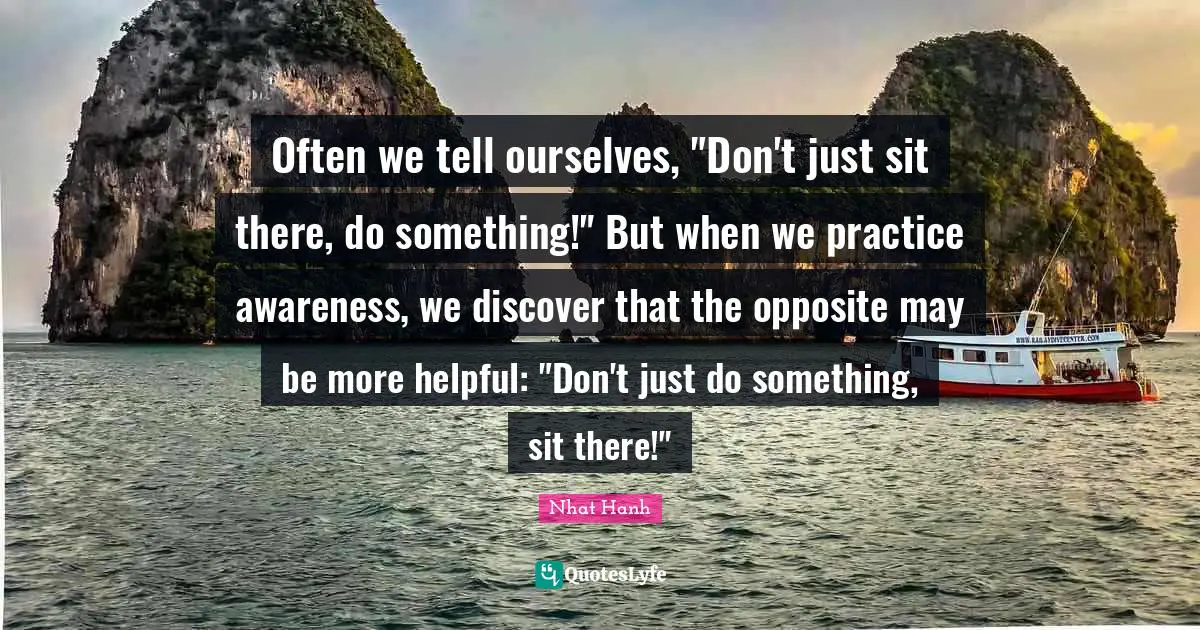 Often we tell ourselves, "Don't just sit there, do something!" But when we practice awareness, we discover that the opposite may be more helpful: "Don't just do something, sit there!"