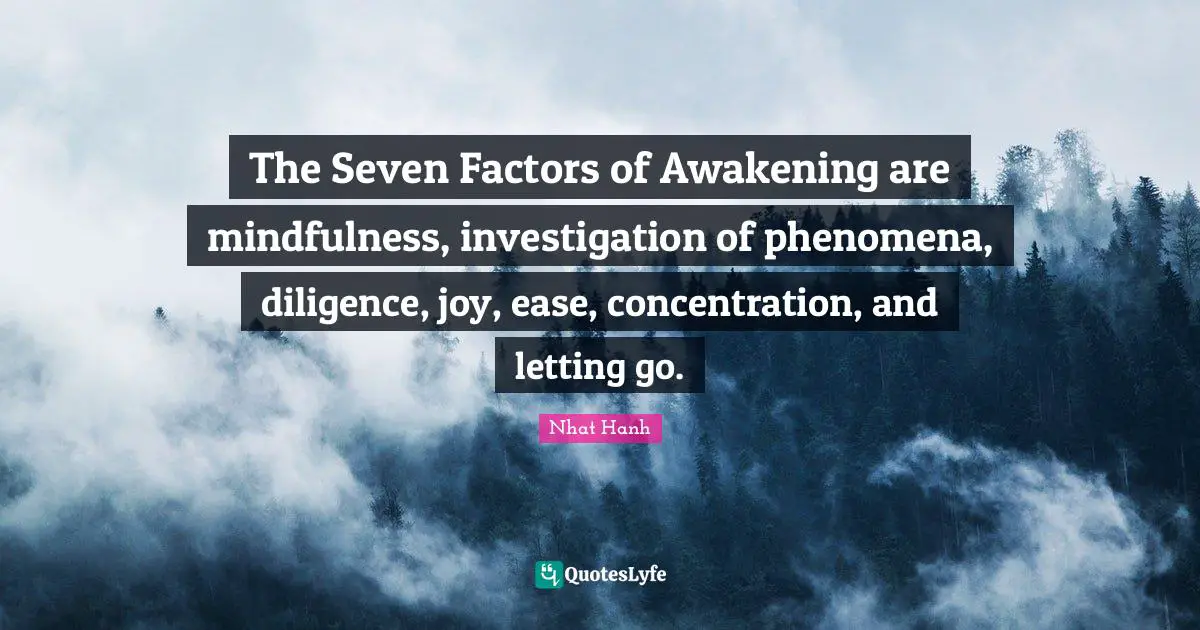 The Seven Factors of Awakening are mindfulness, investigation of phenomena, diligence, joy, ease, concentration, and letting go.