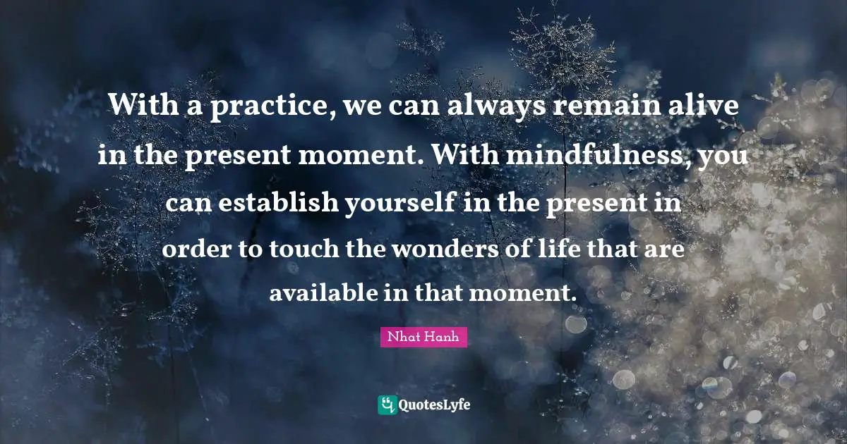 With a practice, we can always remain alive in the present moment. With mindfulness, you can establish yourself in the present in order to touch the wonders of life that are available in that moment.