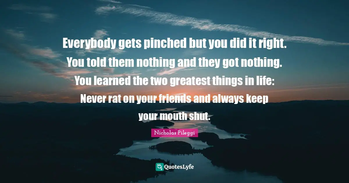 Nicholas Pileggi Quotes: "Everybody gets pinched but you did it right. You told them nothing and they got nothing. You learned the two greatest things in life: Never rat on your friends and always keep your mouth shut."