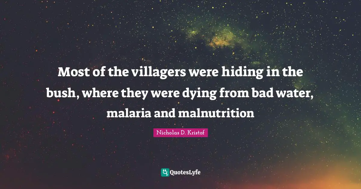 Nicholas D. Kristof Quotes: "Most of the villagers were hiding in the bush, where they were dying from bad water, malaria and malnutrition"