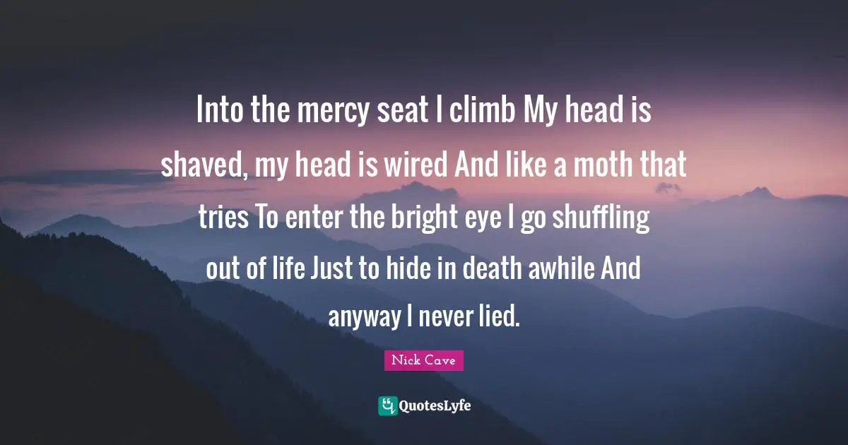 Into the mercy seat I climb My head is shaved, my head is wired And like a moth that tries To enter the bright eye I go shuffling out of life Just to hide in death awhile And anyway I never lied.