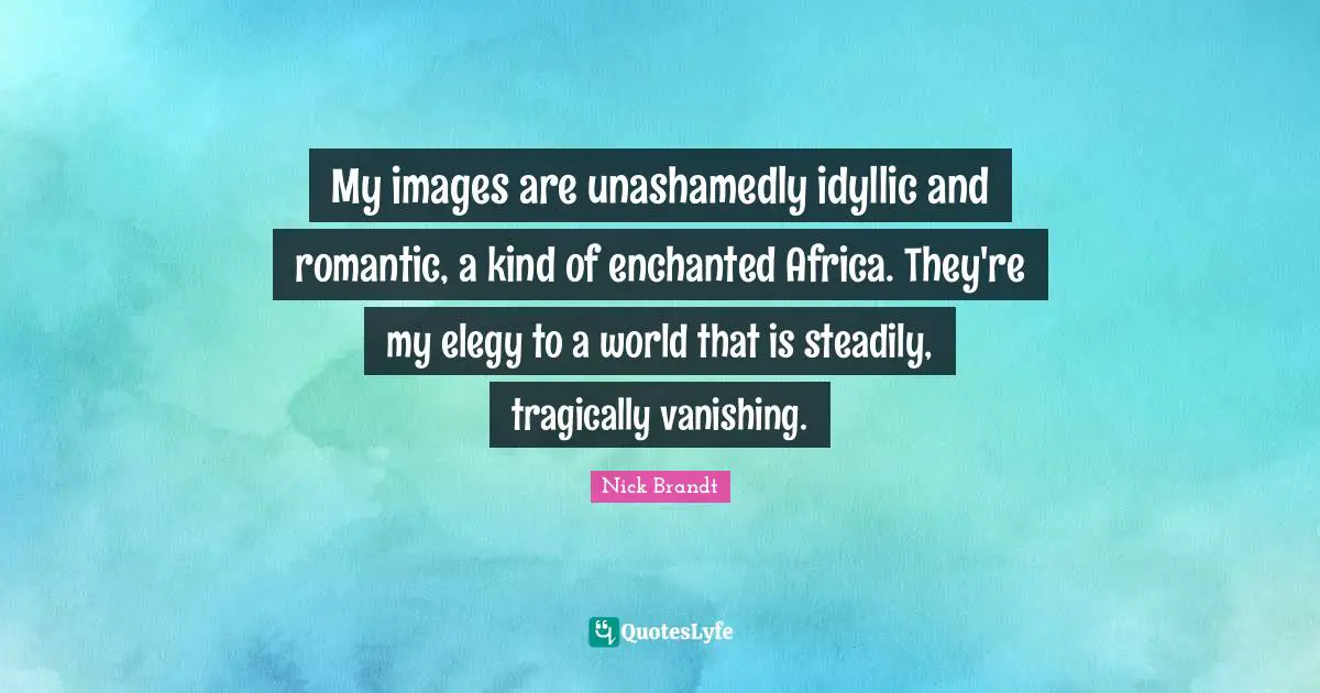 Romantic Quotes: "My images are unashamedly idyllic and romantic, a kind of enchanted Africa. They're my elegy to a world that is steadily, tragically vanishing."