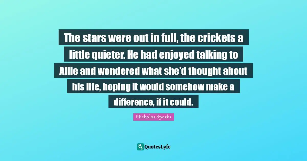 The stars were out in full, the crickets a little quieter. He had enjoyed talking to Allie and wondered what she'd thought about his life, hoping it would somehow make a difference, if it could.