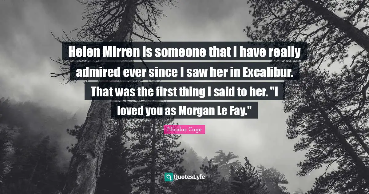 Helen Mirren is someone that I have really admired ever since I saw her in Excalibur. That was the first thing I said to her. "I loved you as Morgan Le Fay."