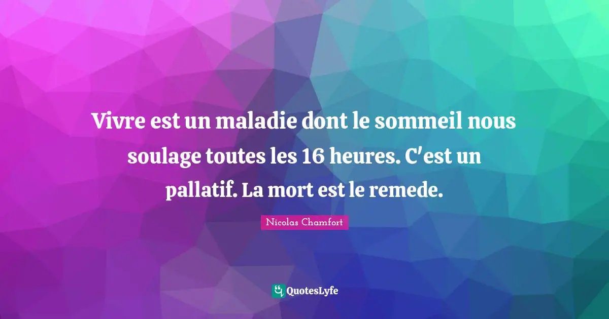 Vivre est un maladie dont le sommeil nous soulage toutes les 16 heures. C'est un pallatif. La mort est le remede.