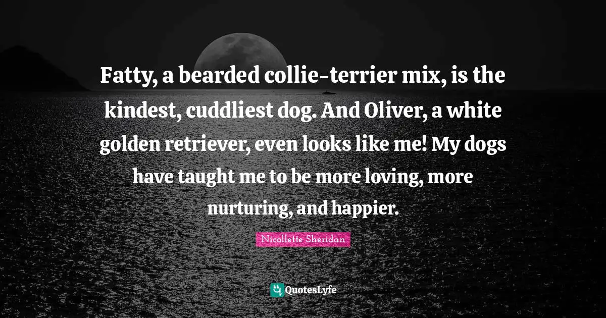 Fatty, a bearded collie-terrier mix, is the kindest, cuddliest dog. And Oliver, a white golden retriever, even looks like me! My dogs have taught me to be more loving, more nurturing, and happier.