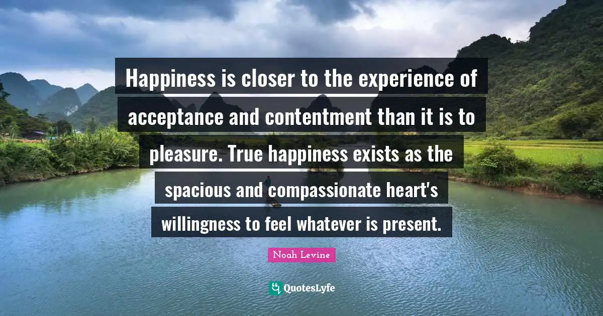 Happiness is closer to the experience of acceptance and contentment than it is to pleasure. True happiness exists as the spacious and compassionate heart's willingness to feel whatever is present.